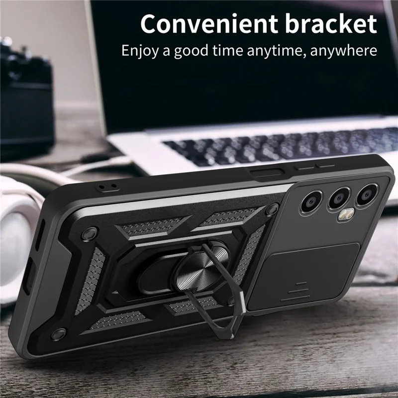 For Realme C65 4G Case PC+TPU Kickstand Phone Protector with Slide Camera Cover - Blue