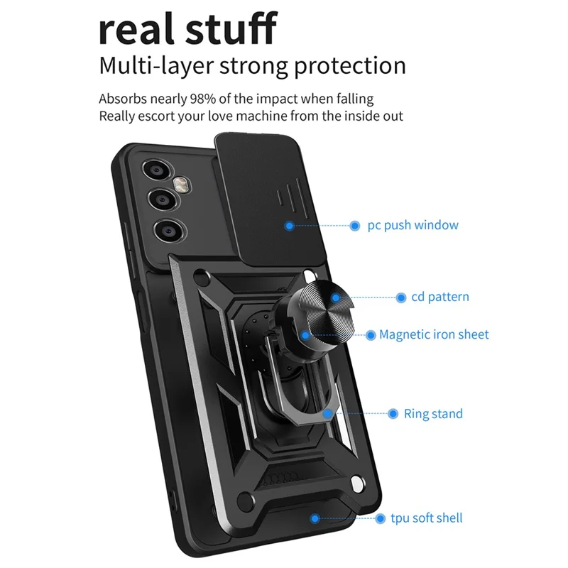 For Realme C65 4G Case PC+TPU Kickstand Phone Protector with Slide Camera Cover - Blue