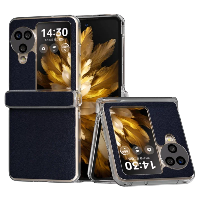 For Oppo Find N3 Flip 5G Case Hinge Protection Leather+PC Clear Frame Phone Cover - Dark Blue