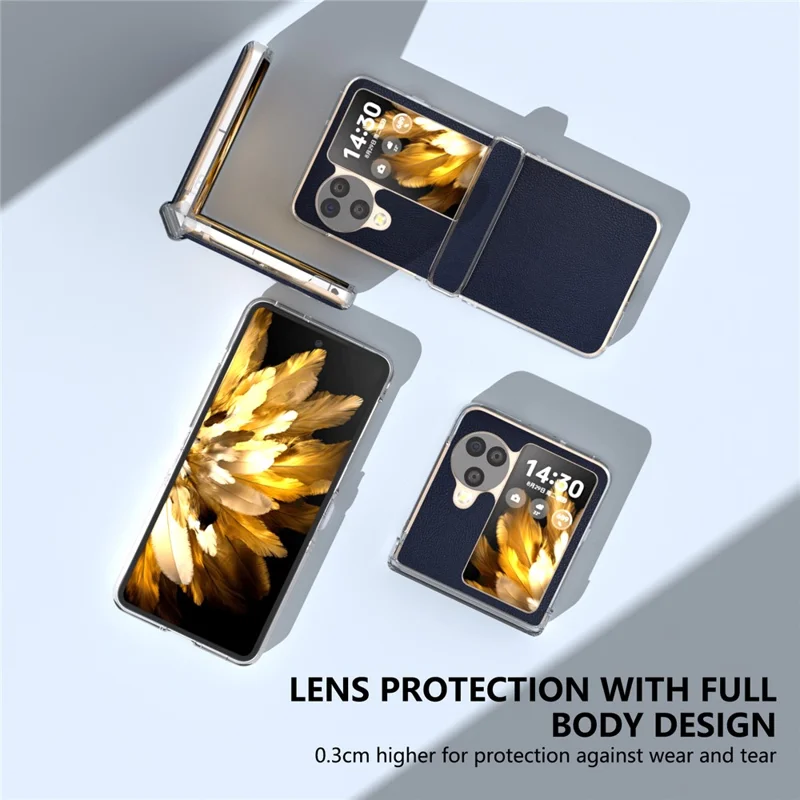 For Oppo Find N3 Flip 5G Case Hinge Protection Leather+PC Clear Frame Phone Cover - Dark Blue
