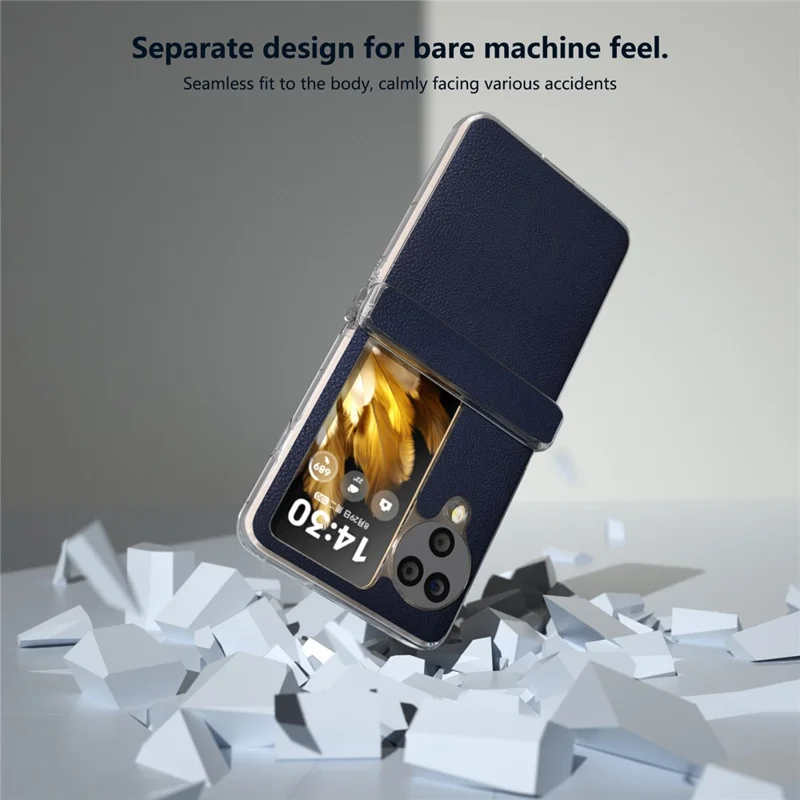 For Oppo Find N3 Flip 5G Case Hinge Protection Leather+PC Clear Frame Phone Cover - Dark Blue