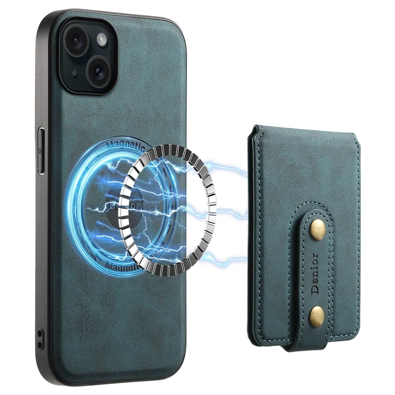 DENIOR D14 For iPhone 15 Plus Magnetic Case Detachable 2-in-1 Design Leather Retro Back Cover - Blue