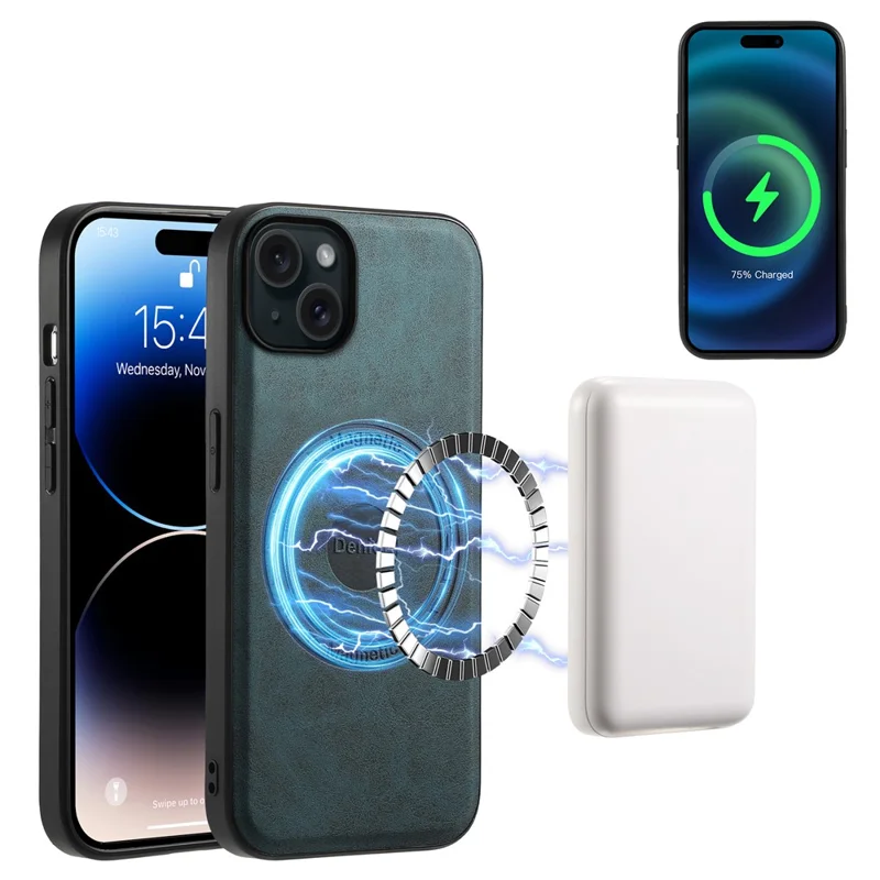 DENIOR D14 For iPhone 15 Plus Magnetic Case Detachable 2-in-1 Design Leather Retro Back Cover - Blue