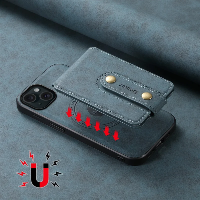 DENIOR D14 For iPhone 15 Plus Magnetic Case Detachable 2-in-1 Design Leather Retro Back Cover - Blue