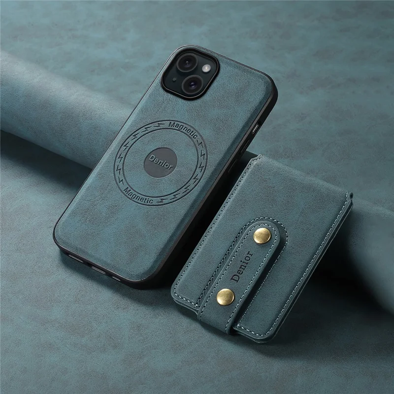 DENIOR D14 For iPhone 15 Plus Magnetic Case Detachable 2-in-1 Design Leather Retro Back Cover - Blue