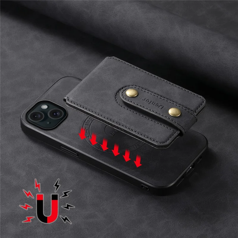 DENIOR D14 For iPhone 15 Plus Magnetic Case Detachable 2-in-1 Design Leather Retro Back Cover - Black