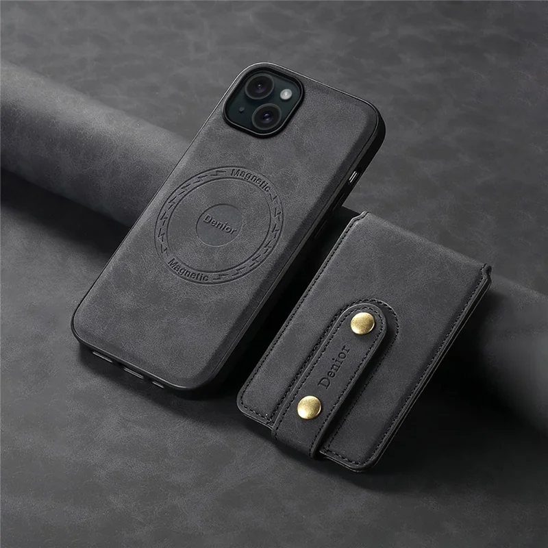 DENIOR D14 For iPhone 15 Plus Magnetic Case Detachable 2-in-1 Design Leather Retro Back Cover - Black