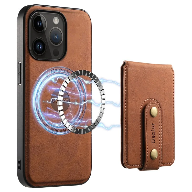 DENIOR D14 Für iPhone 14 Pro Case Retro Leder beschichtete PC+TPU-Ständer-Telefonabdeckung Magnetisch abnehmbar - Braun