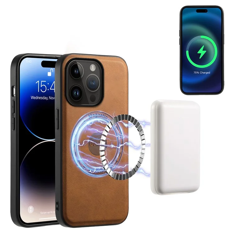 DENIOR D14 Für iPhone 14 Pro Case Retro Leder beschichtete PC+TPU-Ständer-Telefonabdeckung Magnetisch abnehmbar - Braun