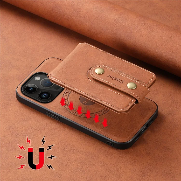 DENIOR D14 Für iPhone 14 Pro Case Retro Leder beschichtete PC+TPU-Ständer-Telefonabdeckung Magnetisch abnehmbar - Braun
