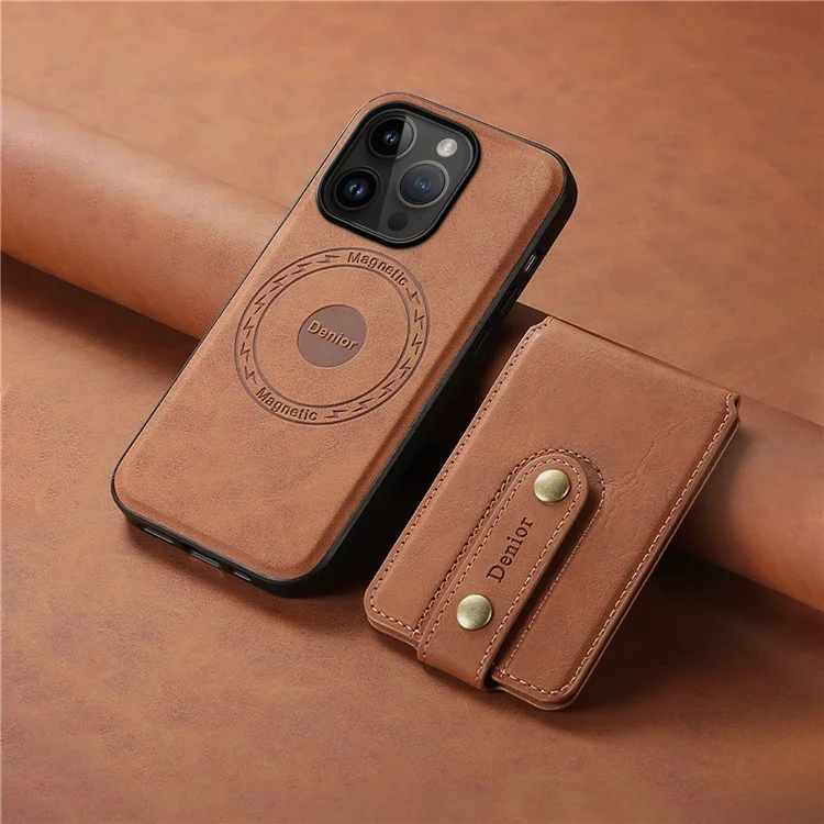 DENIOR D14 Für iPhone 14 Pro Case Retro Leder beschichtete PC+TPU-Ständer-Telefonabdeckung Magnetisch abnehmbar - Braun