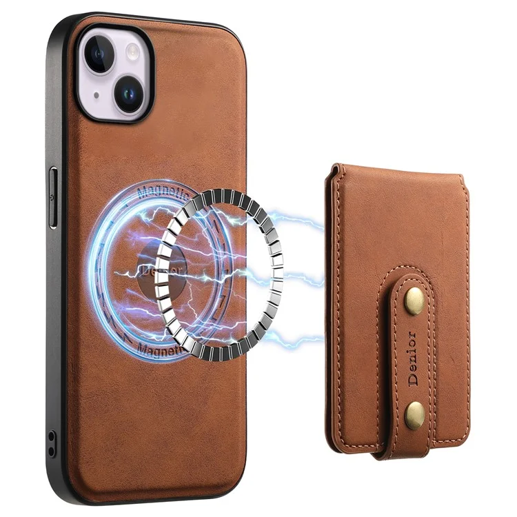 DENIOR D14 Чехол для iPhone 14 Plus, совместимый с MagSafe, кожа+TPU+PC карманный чехол - Коричневый