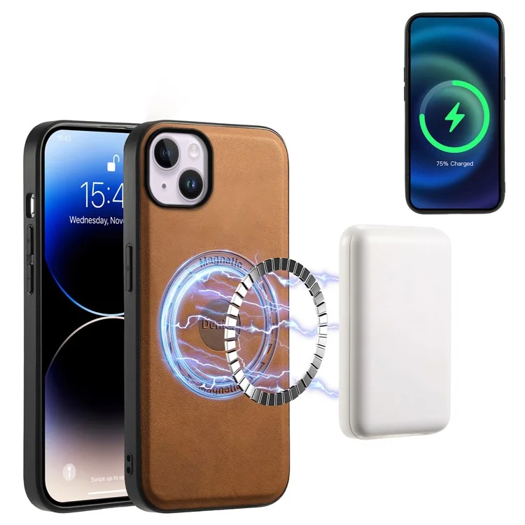 DENIOR D14 Чехол для iPhone 14 Plus, совместимый с MagSafe, кожа+TPU+PC карманный чехол - Коричневый