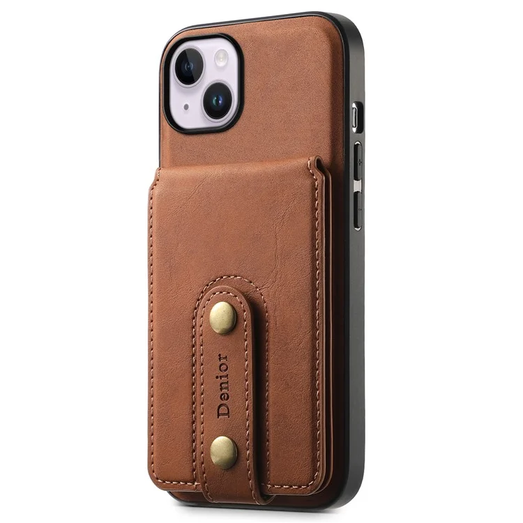 DENIOR D14 Чехол для iPhone 14 Plus, совместимый с MagSafe, кожа+TPU+PC карманный чехол - Коричневый