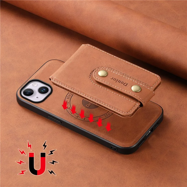 DENIOR D14 Чехол для iPhone 14 Plus, совместимый с MagSafe, кожа+TPU+PC карманный чехол - Коричневый
