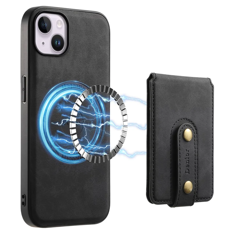 DENIOR D14 For iPhone 14 Plus Case Compatible with MagSafe Leather+TPU+PC Card Bag Phone Cover - Black