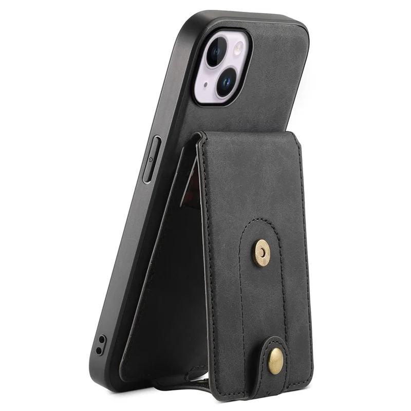DENIOR D14 For iPhone 14 Plus Case Compatible with MagSafe Leather+TPU+PC Card Bag Phone Cover - Black