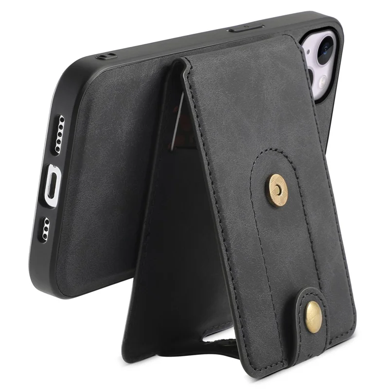 DENIOR D14 For iPhone 14 Plus Case Compatible with MagSafe Leather+TPU+PC Card Bag Phone Cover - Black