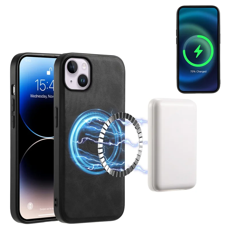 DENIOR D14 For iPhone 14 Plus Case Compatible with MagSafe Leather+TPU+PC Card Bag Phone Cover - Black