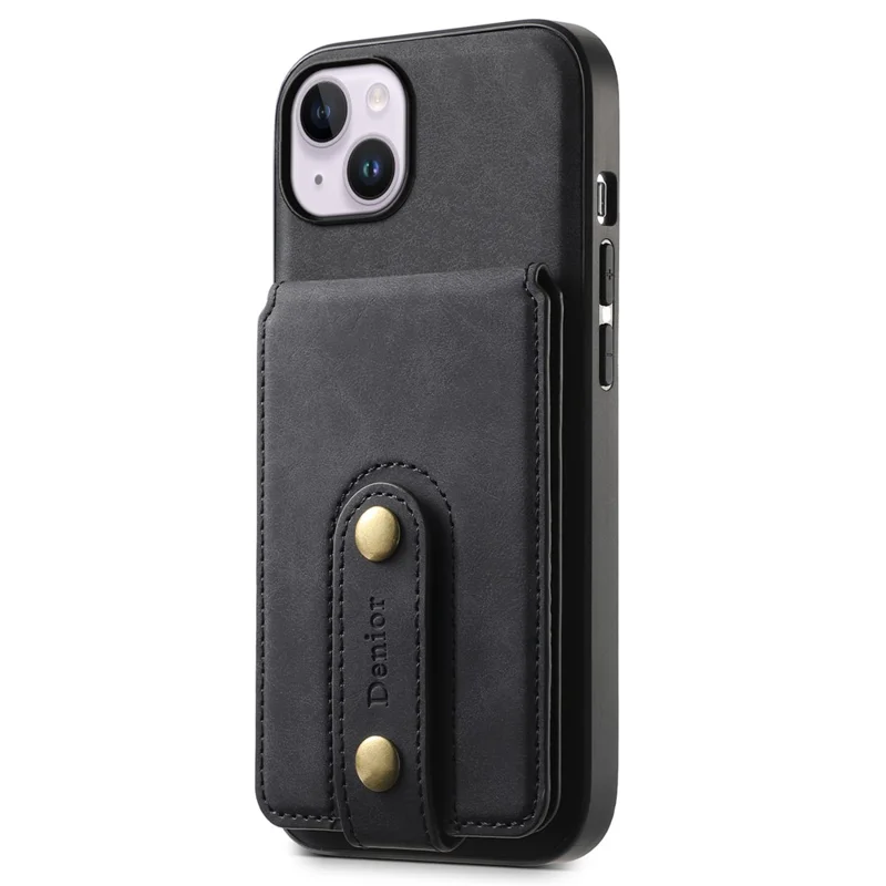 DENIOR D14 For iPhone 14 Plus Case Compatible with MagSafe Leather+TPU+PC Card Bag Phone Cover - Black