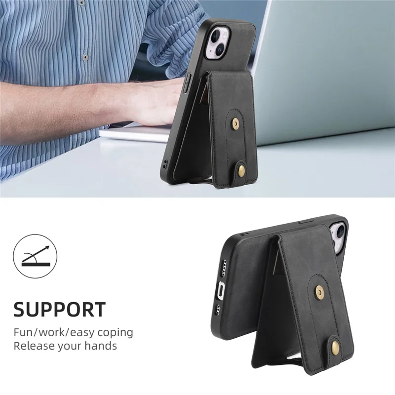 DENIOR D14 For iPhone 14 Plus Case Compatible with MagSafe Leather+TPU+PC Card Bag Phone Cover - Black