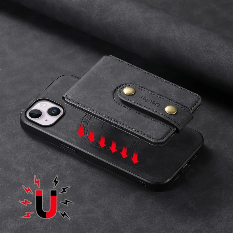 DENIOR D14 For iPhone 14 Plus Case Compatible with MagSafe Leather+TPU+PC Card Bag Phone Cover - Black