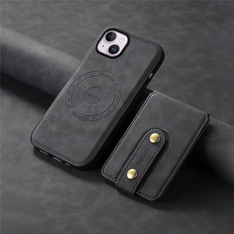 DENIOR D14 For iPhone 14 Plus Case Compatible with MagSafe Leather+TPU+PC Card Bag Phone Cover - Black