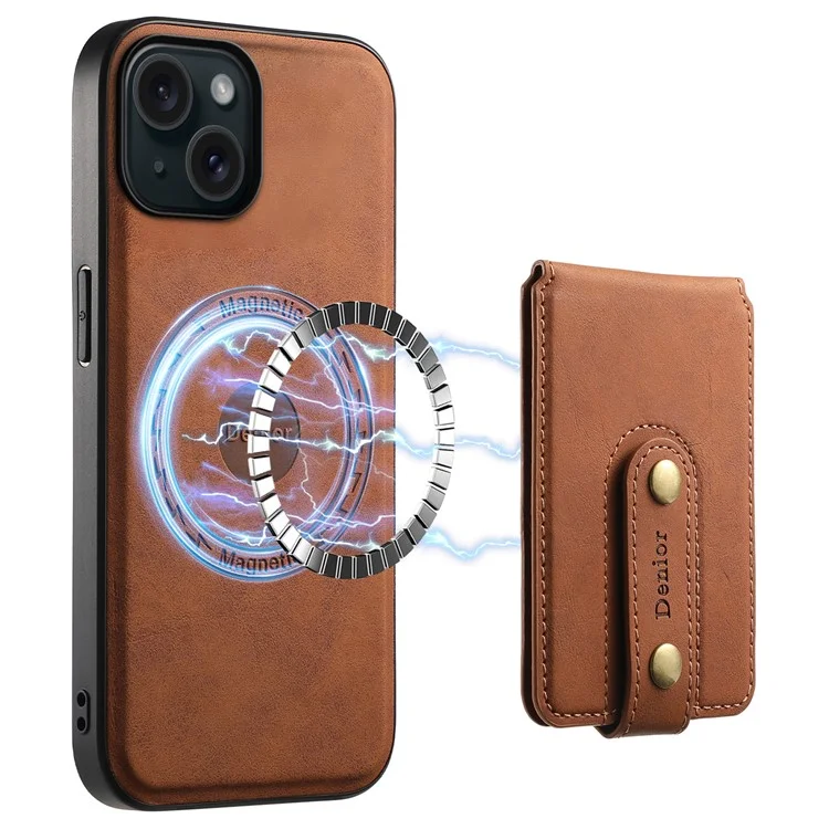 DENIOR D14 For iPhone 15 Magnetic Case Retro Leather+TPU+PC Cover with Detachable Card Holder - Brown