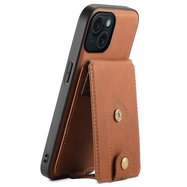 DENIOR D14 For iPhone 15 Magnetic Case Retro Leather+TPU+PC Cover with Detachable Card Holder - Brown