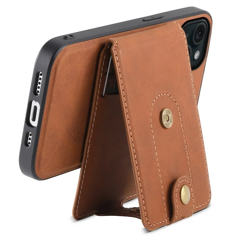 DENIOR D14 For iPhone 15 Magnetic Case Retro Leather+TPU+PC Cover with Detachable Card Holder - Brown