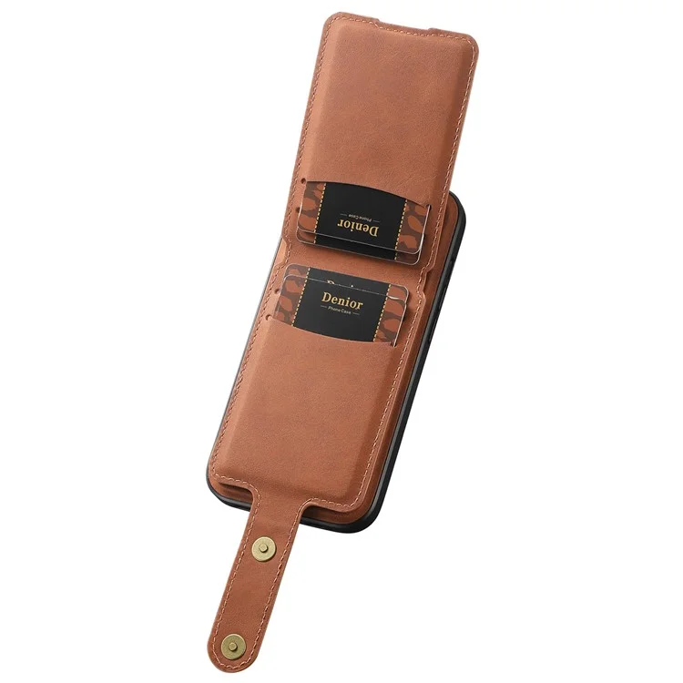 DENIOR D14 For iPhone 15 Magnetic Case Retro Leather+TPU+PC Cover with Detachable Card Holder - Brown