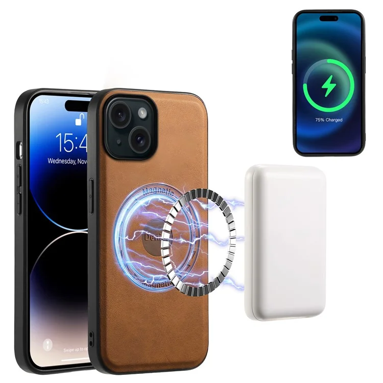 DENIOR D14 For iPhone 15 Magnetic Case Retro Leather+TPU+PC Cover with Detachable Card Holder - Brown