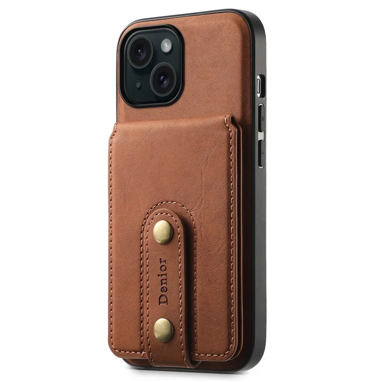 DENIOR D14 For iPhone 15 Magnetic Case Retro Leather+TPU+PC Cover with Detachable Card Holder - Brown