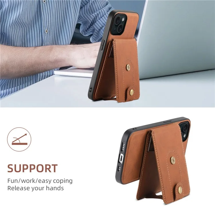 DENIOR D14 For iPhone 15 Magnetic Case Retro Leather+TPU+PC Cover with Detachable Card Holder - Brown