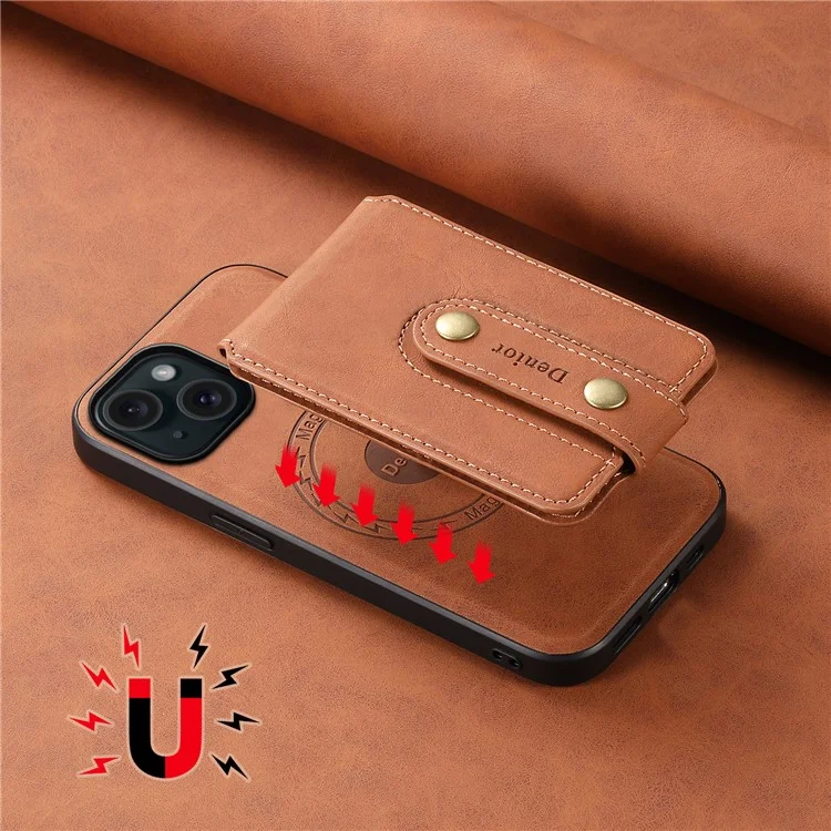 DENIOR D14 For iPhone 15 Magnetic Case Retro Leather+TPU+PC Cover with Detachable Card Holder - Brown