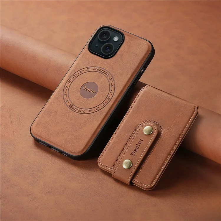 DENIOR D14 For iPhone 15 Magnetic Case Retro Leather+TPU+PC Cover with Detachable Card Holder - Brown