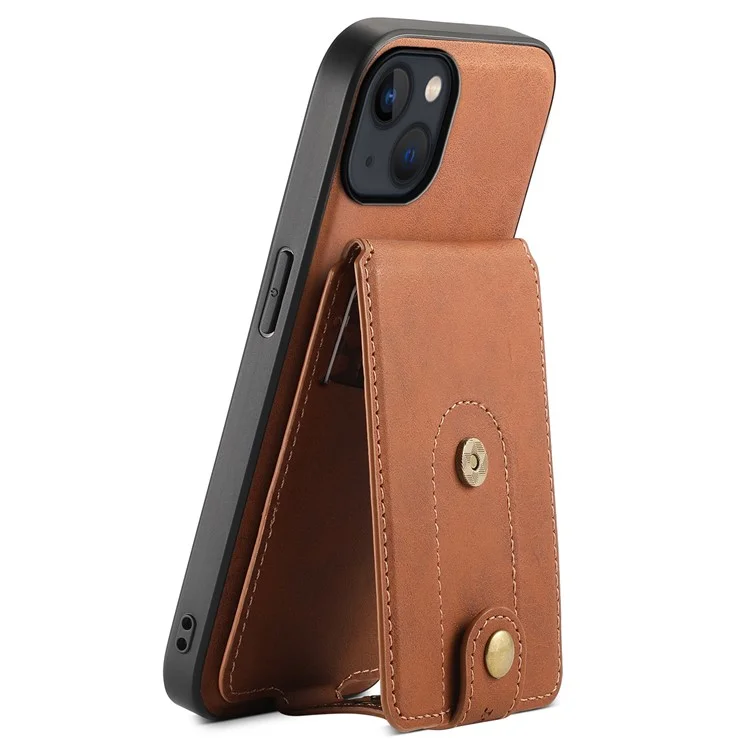 DENIOR D14 For iPhone 13 / 14 Case Retro PU+PC+TPU Kickstand Phone Cover with Magnetic Card Holder - Brown
