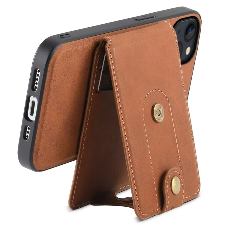 DENIOR D14 For iPhone 13 / 14 Case Retro PU+PC+TPU Kickstand Phone Cover with Magnetic Card Holder - Brown