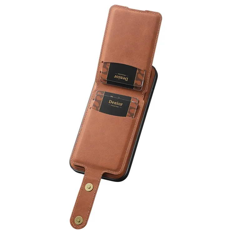 DENIOR D14 For iPhone 13 / 14 Case Retro PU+PC+TPU Kickstand Phone Cover with Magnetic Card Holder - Brown
