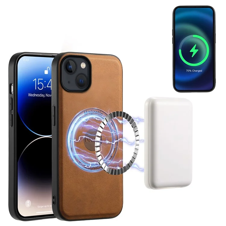 DENIOR D14 For iPhone 13 / 14 Case Retro PU+PC+TPU Kickstand Phone Cover with Magnetic Card Holder - Brown