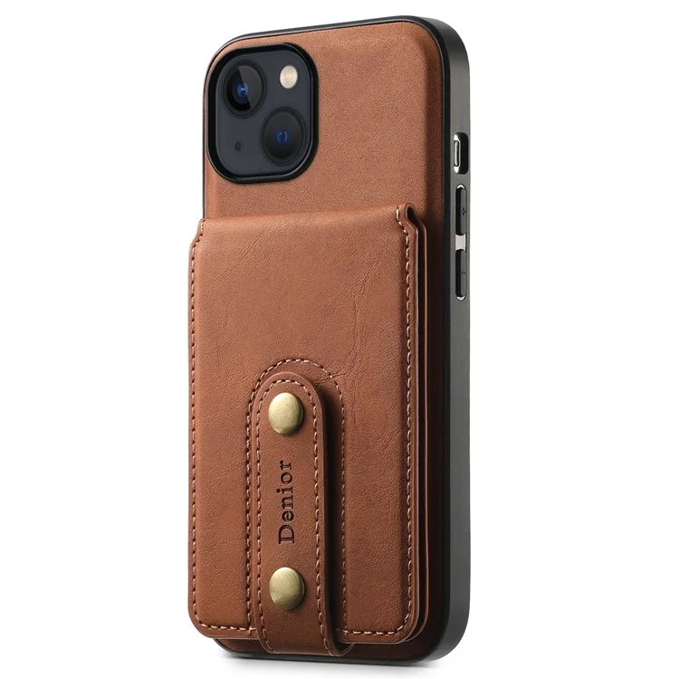 DENIOR D14 For iPhone 13 / 14 Case Retro PU+PC+TPU Kickstand Phone Cover with Magnetic Card Holder - Brown
