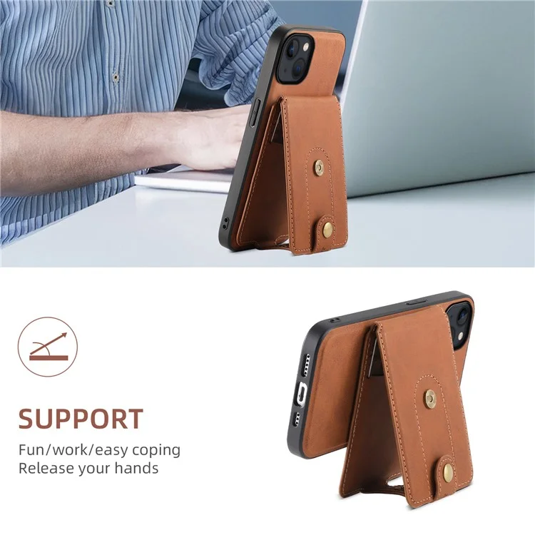 DENIOR D14 For iPhone 13 / 14 Case Retro PU+PC+TPU Kickstand Phone Cover with Magnetic Card Holder - Brown