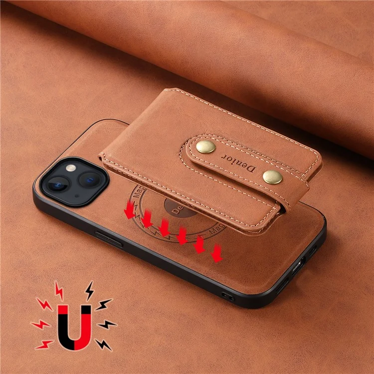 DENIOR D14 For iPhone 13 / 14 Case Retro PU+PC+TPU Kickstand Phone Cover with Magnetic Card Holder - Brown