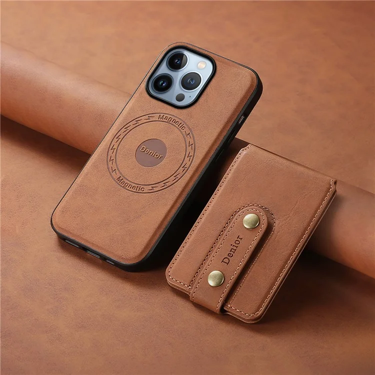 DENIOR D14 Capa para iPhone 13 Pro Compatível com MagSafe Couro Suporte Cartão Slots Capa Traseira - Marrom