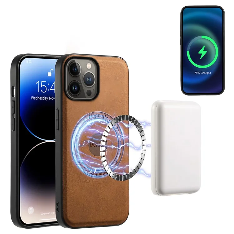 DENIOR D14 For iPhone 13 Pro Max Magnetic Case 2 in 1 Detachable Leather+PC+TPU Phone Cover - Brown
