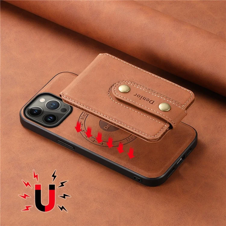 DENIOR D14 For iPhone 13 Pro Max Magnetic Case 2 in 1 Detachable Leather+PC+TPU Phone Cover - Brown