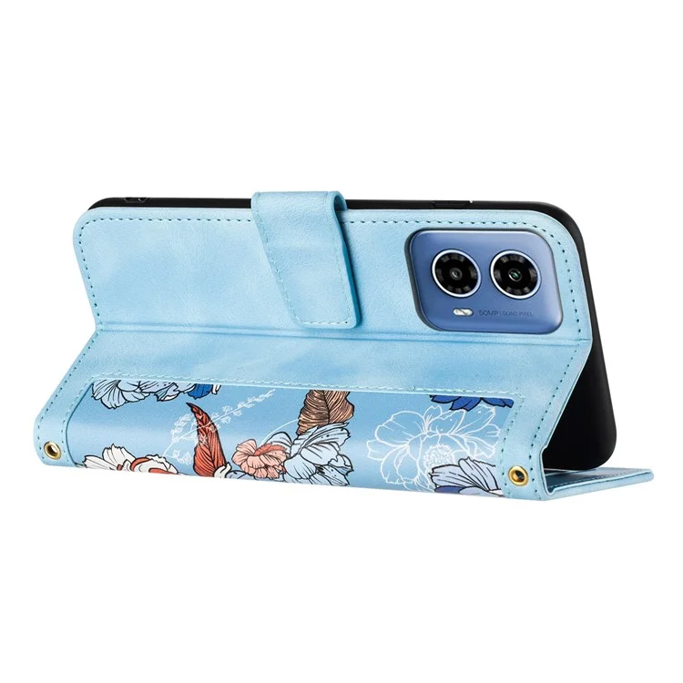 For Motorola Moto G 5G (2024) Case Flower Pattern PU Leather Phone Cover with Card Holder - Baby Blue
