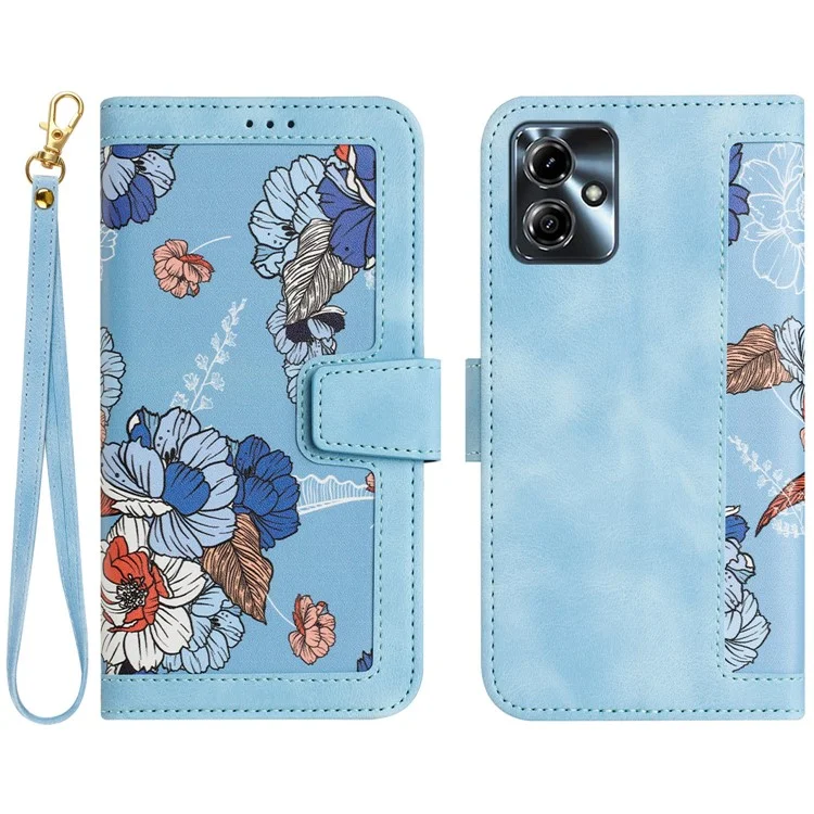 For Motorola Moto G14 4G Case Flower Pattern Handbag PU Leather Phone Cover - Baby Blue