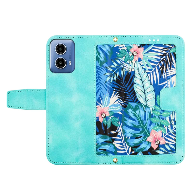 For Motorola Moto G45 5G / G34 5G Case Stand Function Flower Pattern PU Leather Phone Cover - Green