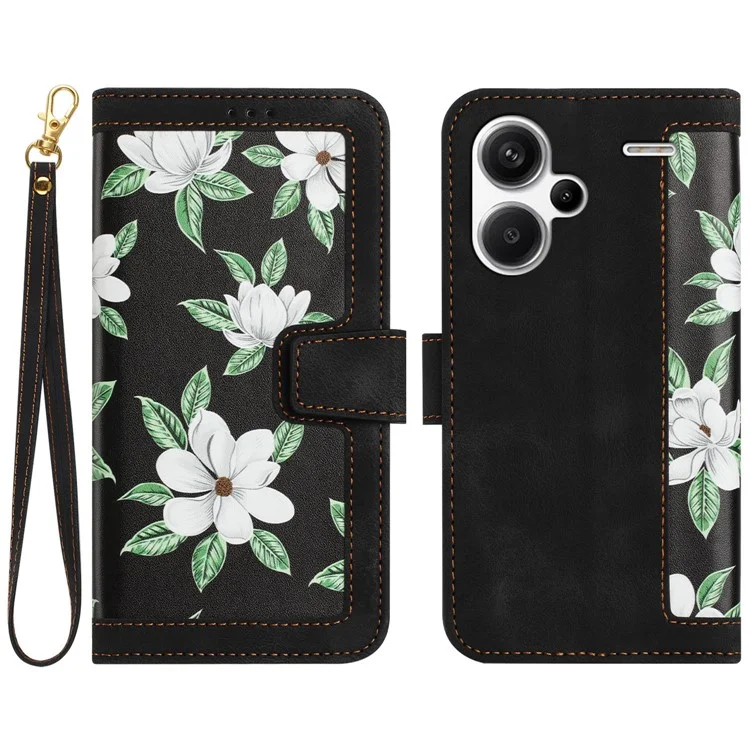 Para Xiaomi Redmi Note 13 Pro+ 5G Case PU Leather Flower Pattern Wallet Style Flip Phone Cover - Preto